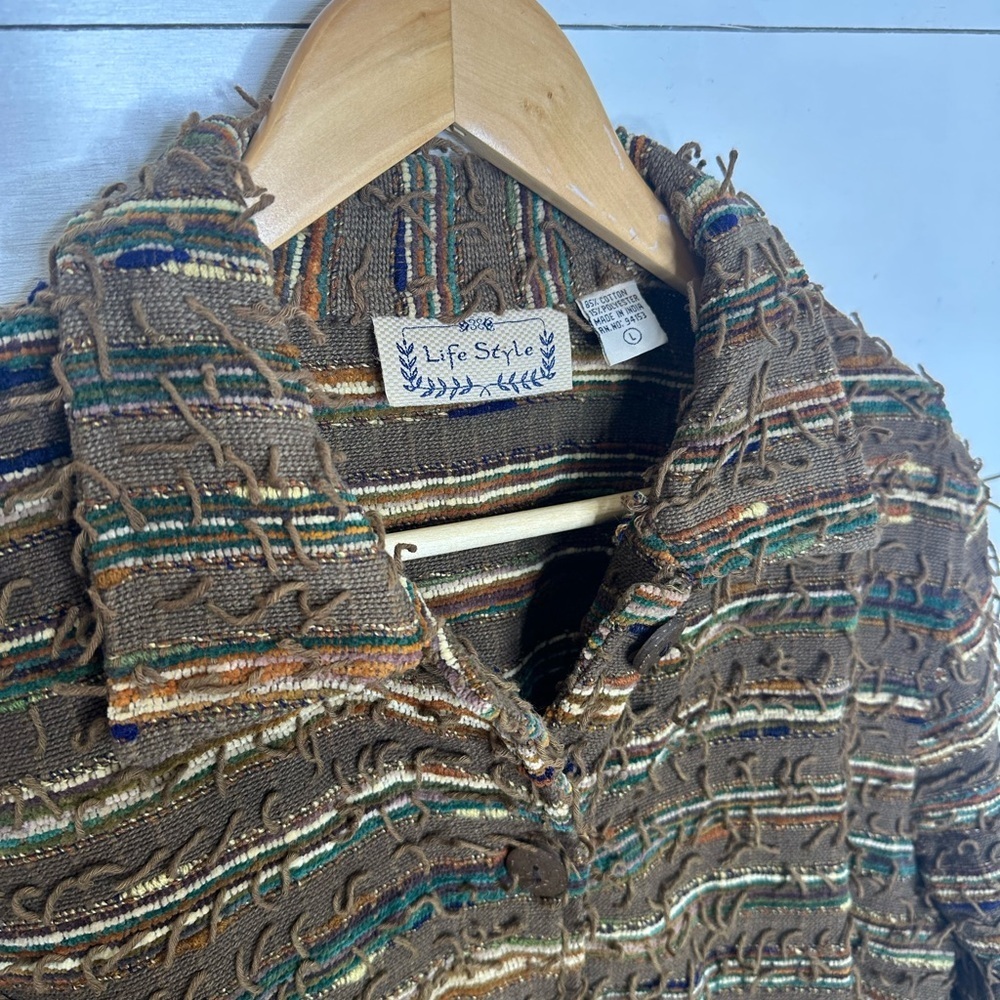 Life Style Womens Large Boho Textured Jacket Brown Fringe Cropped Southwest - Picture 3 of 6